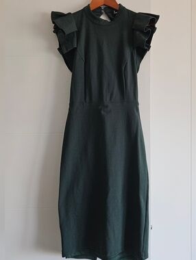 Lulus M Open Back Sheath Dress Ruffle Cap Sleeve High Neck Statement